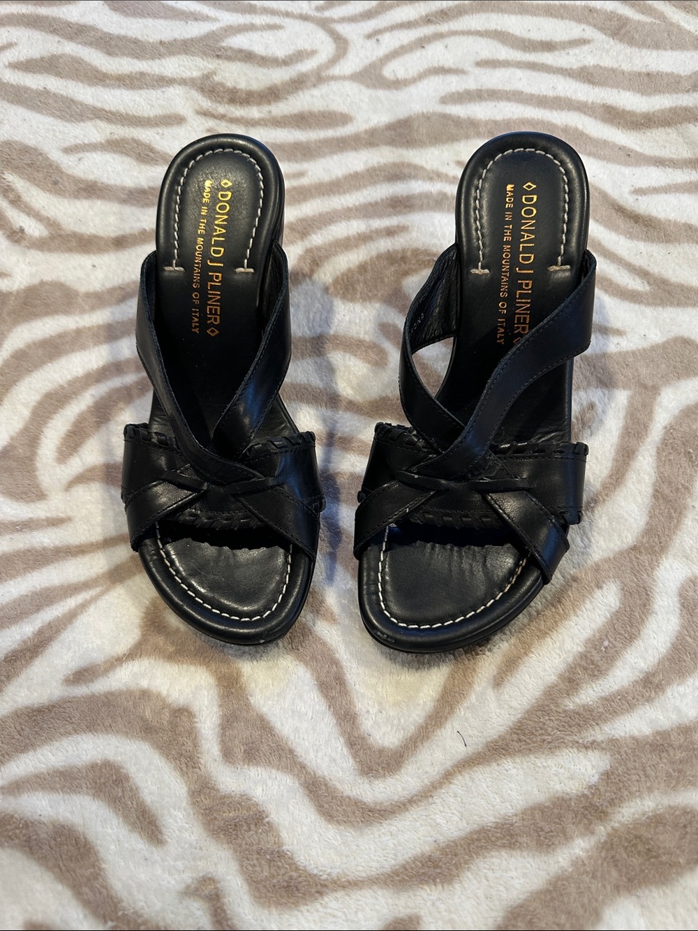 Donald J. Pliner Black Leather Crisscross Slide Wedge